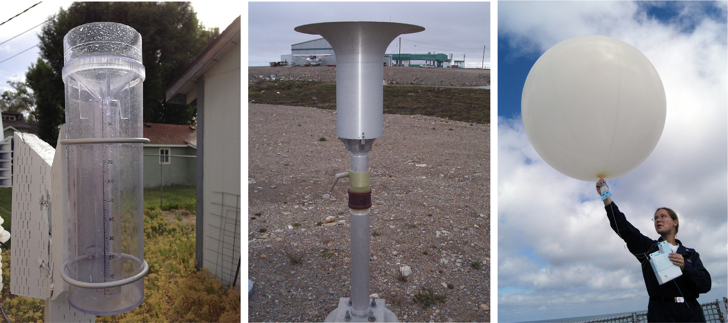 Other measuring tools include rain gauges (left), snow gauges (centre) and weather balloons (right)