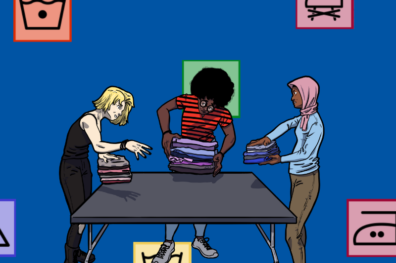 Illustration of teens folding clothing in front of laundry symbols