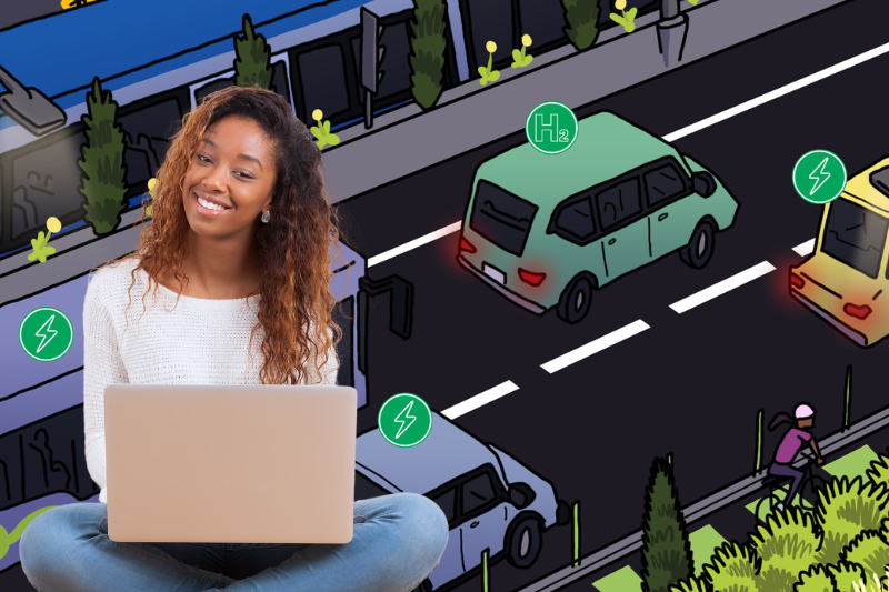 Teens smiling at laptop, illustrated traffic background