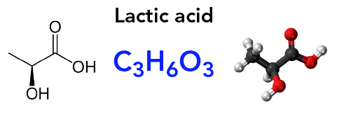 Skeletal formula, molecular formula and space filling model of lactic acid