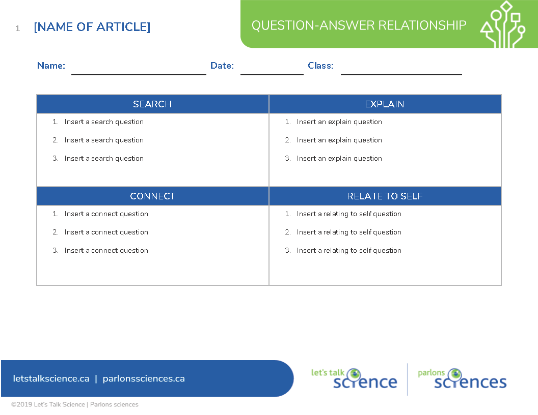 Question-Answer Relationship Reproducible Template