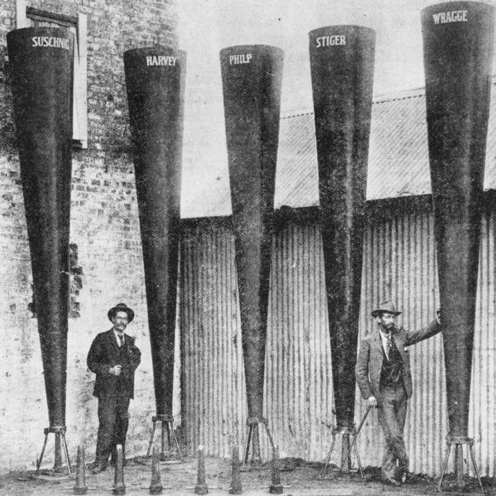 Battery of Stiger Vortex rainmaking guns at Charleville, Australia, in 1902