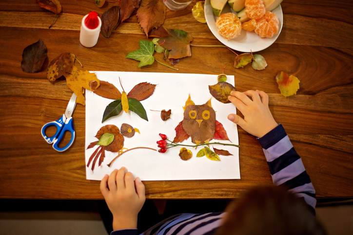 Child creating images of animals using leaves 