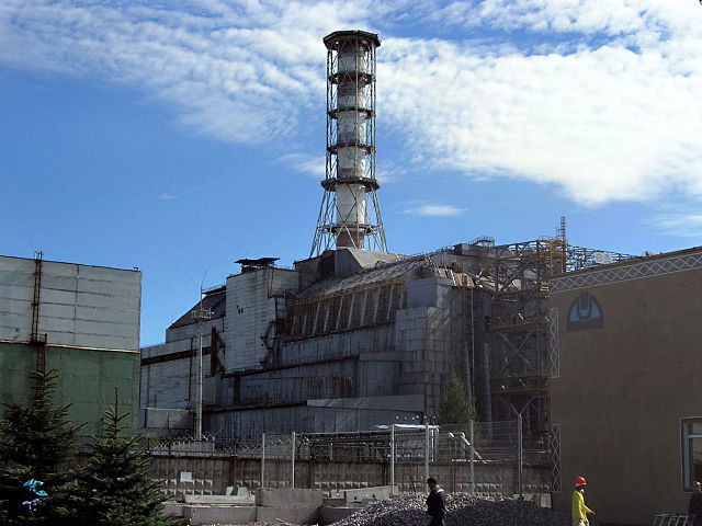 The Chernobyl reactor #4 building in 2006, including the concrete container that was built over the reactor and the maximum-security 