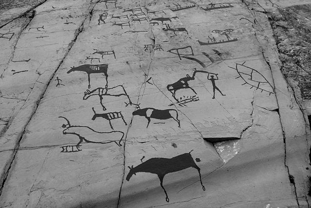 Shown is a black and white photograph of flat, smooth rock covered in drawings of large animals with horns, and humans.