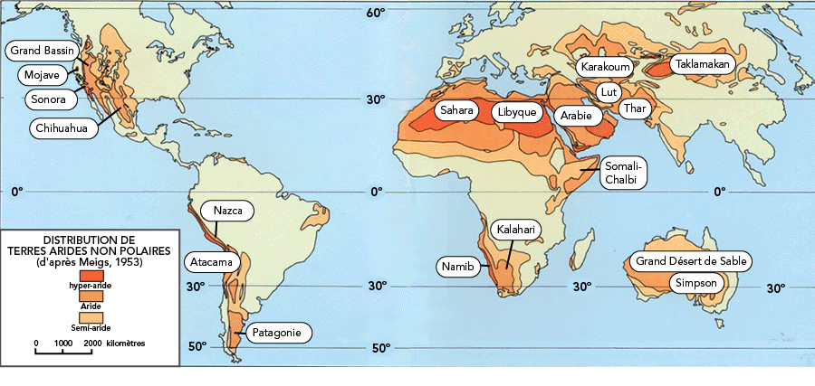Shown is a world map with areas coloured in shades of orange to indicate three types of arid land.