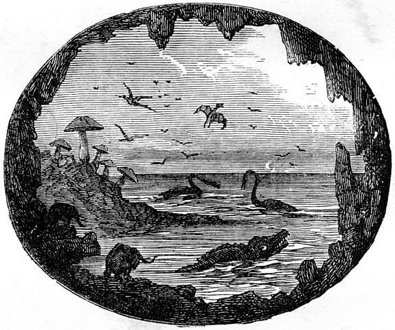 Shown is a black and white illustration of dinosaurs in and around water, surrounded by rock with mushrooms growing on it.