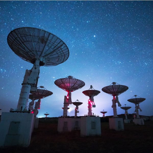 Radio Telescope array at night 