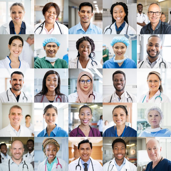 Shown are a collection of faces of people working in healthcare