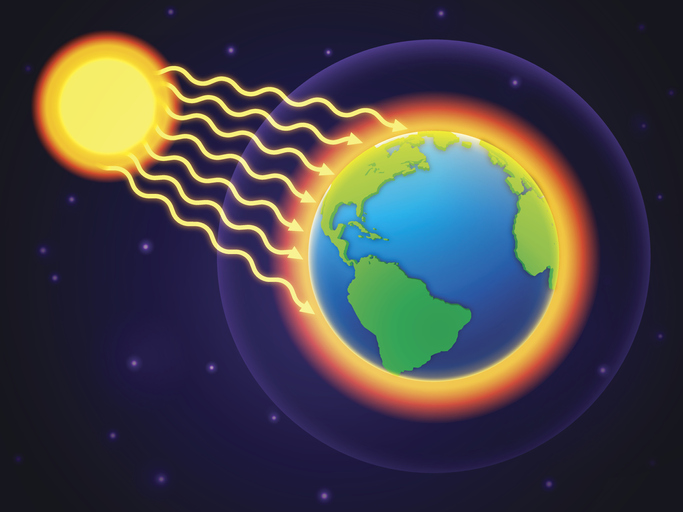 radiation from the sun shown as waves travelling towards Earth