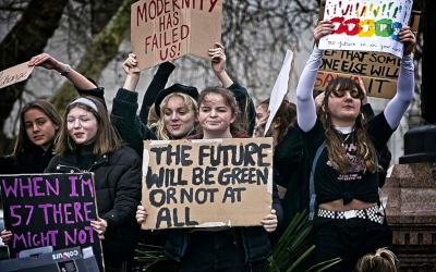 Protesters holding signs at a global climate strike 