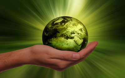 A green globe being held in a hand 