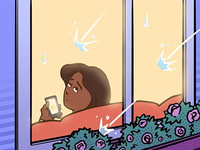 Illustration of a woman checking the weather outside her window
