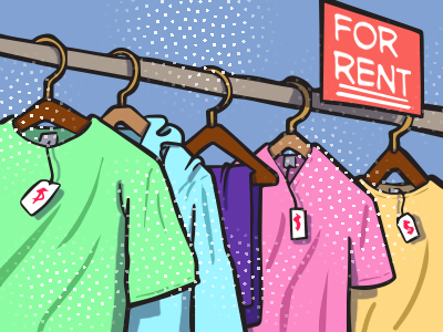Clothing hanging on a rack below a “For rent” sign