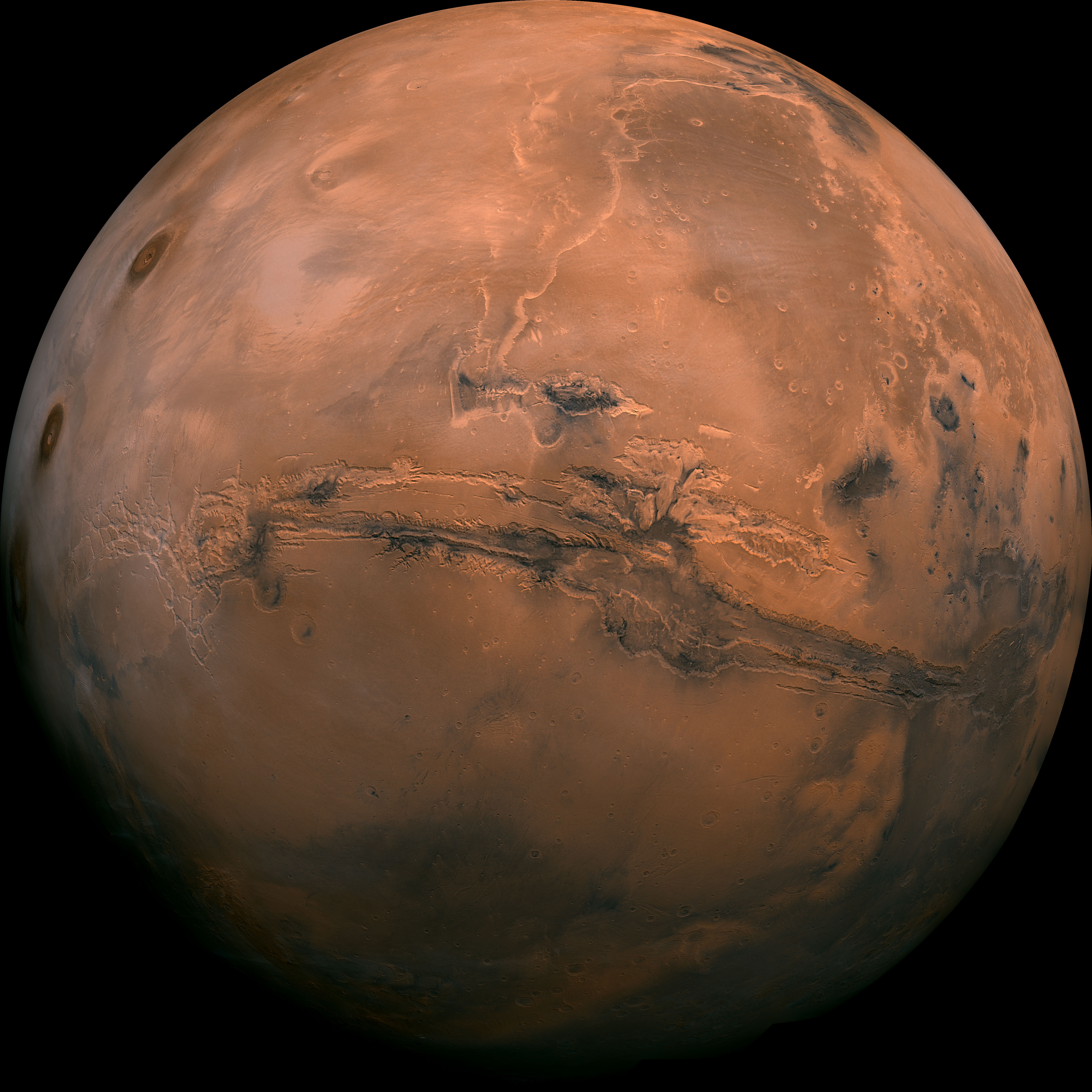 Mosaic of the Valles Marineris hemisphere of Mars projected into point perspective