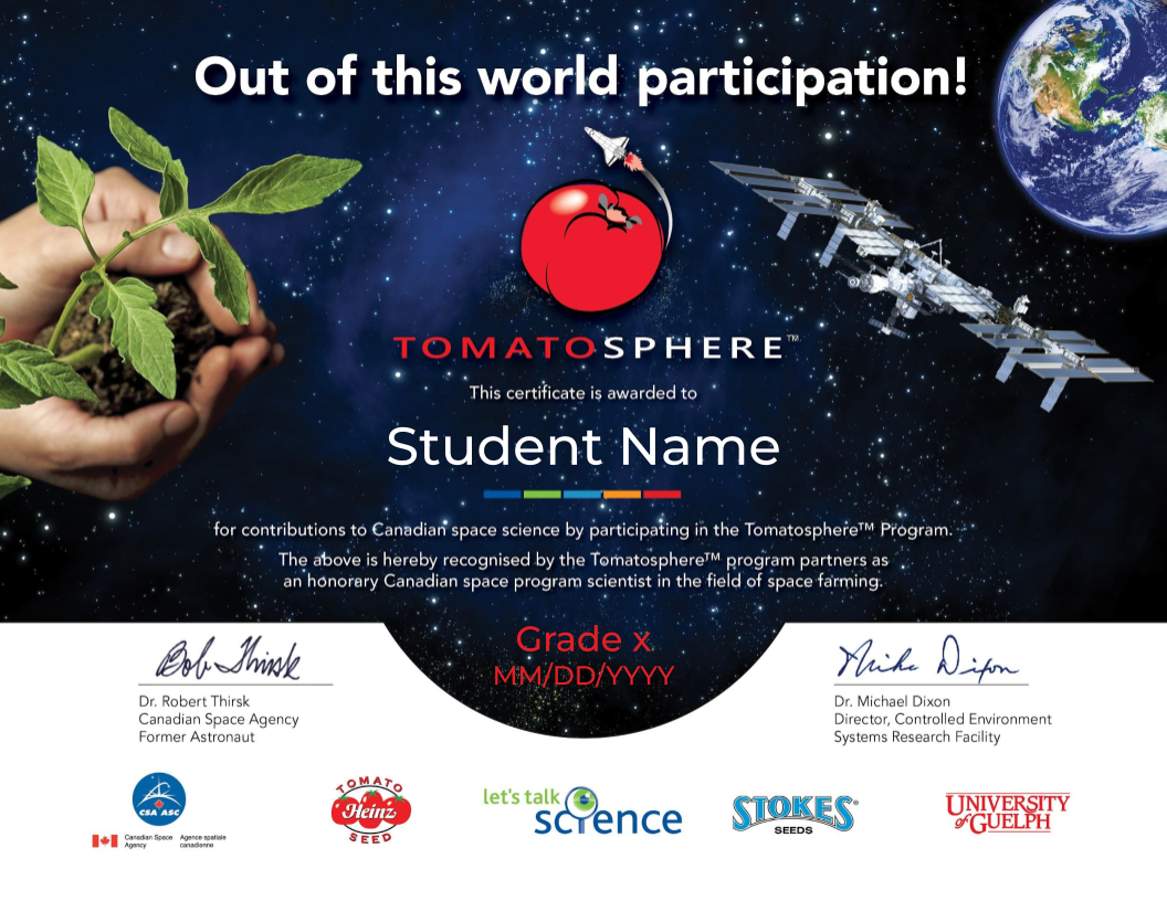 A certificate of participation for the tomatosphere project.