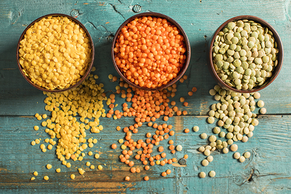 Yellow, red and green lentils