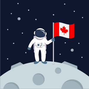 Illustration of an astronaut standing on a grey moon with a Canadian flag, with space and stars in the background