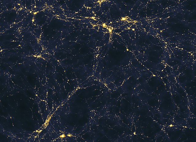 Shown is a colour illustration of black space with thin, tangled gold threads running through it.
