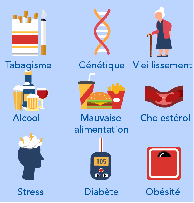 Voici une série de 9 illustrations, représentant chacune différents facteurs pouvant être utilisés pour évaluer la santé.