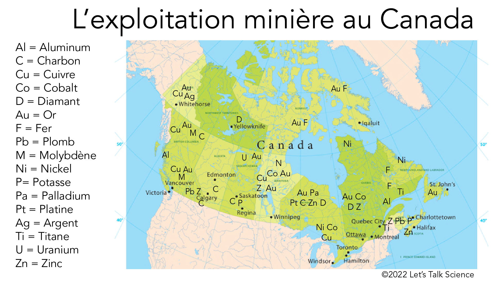 On voit une carte en couleur du Canada sur laquelle figurent des lettres. Le titre « L’exploitation minière au Canada » est inscrit en grandes lettres noires en haut de l’illustration.