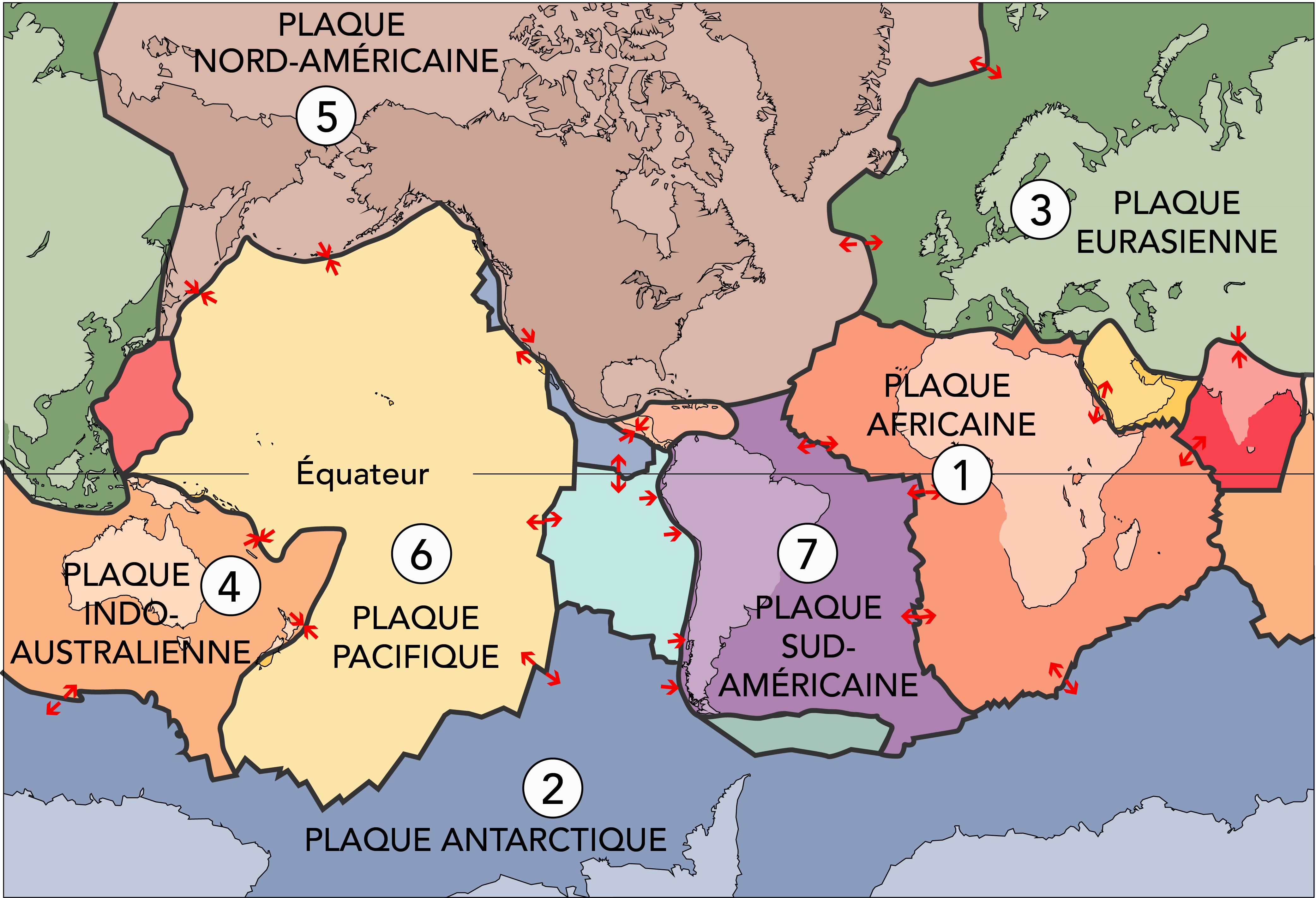Une carte du monde est représentée avec des sections numérotées et colorées pour illustrer les plaques tectoniques.