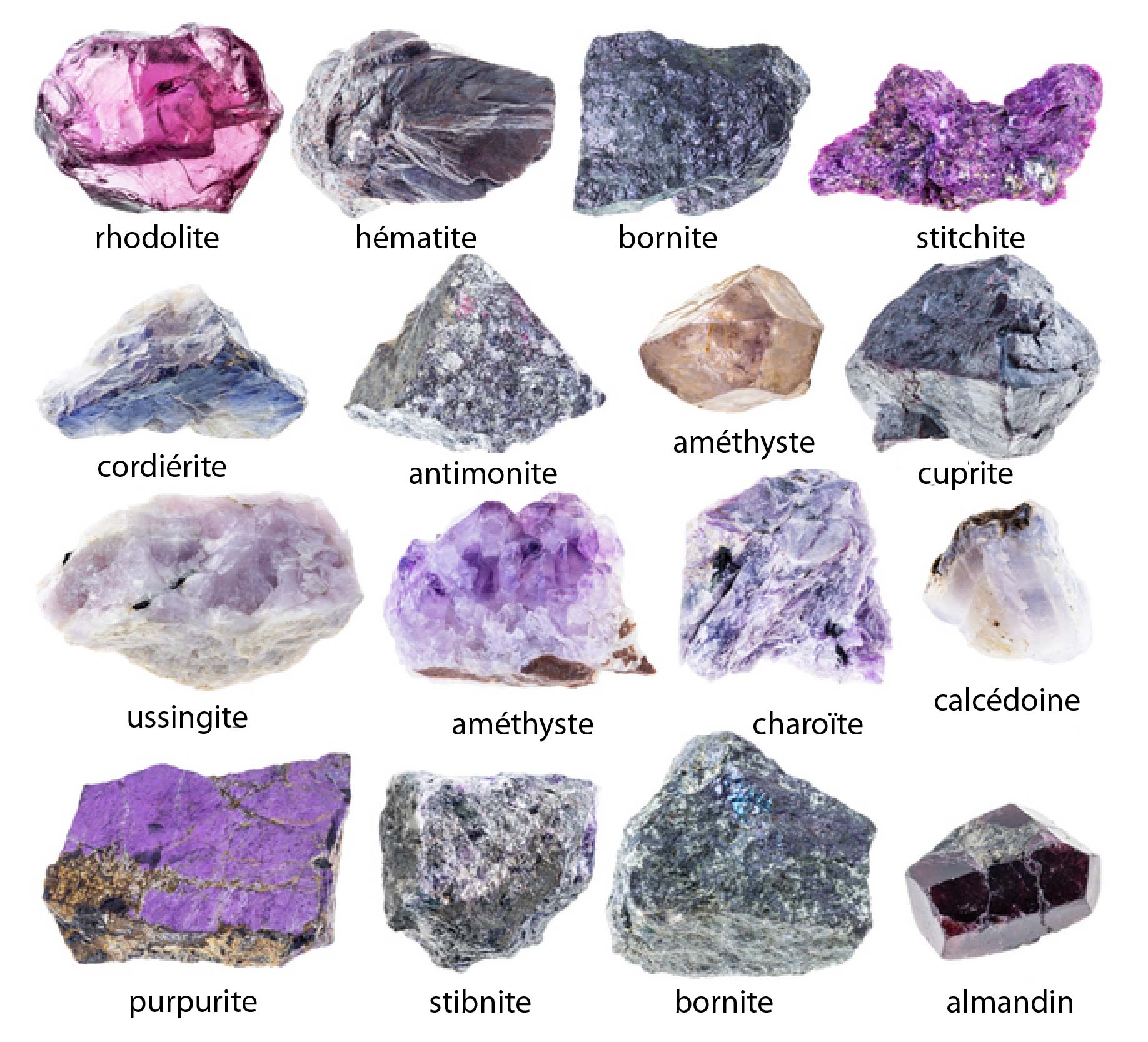On voit ici un tableau de photographies en couleur de 16 minéraux dans différentes nuances de violet, de rose et de bleu