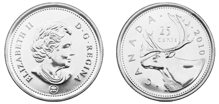 Show is a colour image of the front and back side of a Canadian twenty five cent coin.