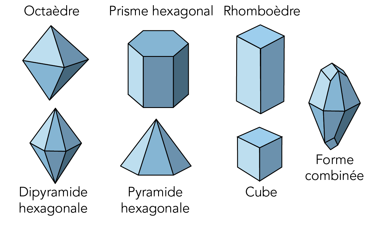 On voit ici une illustration en couleur de sept formes différentes de minéraux, avec des étiquettes.