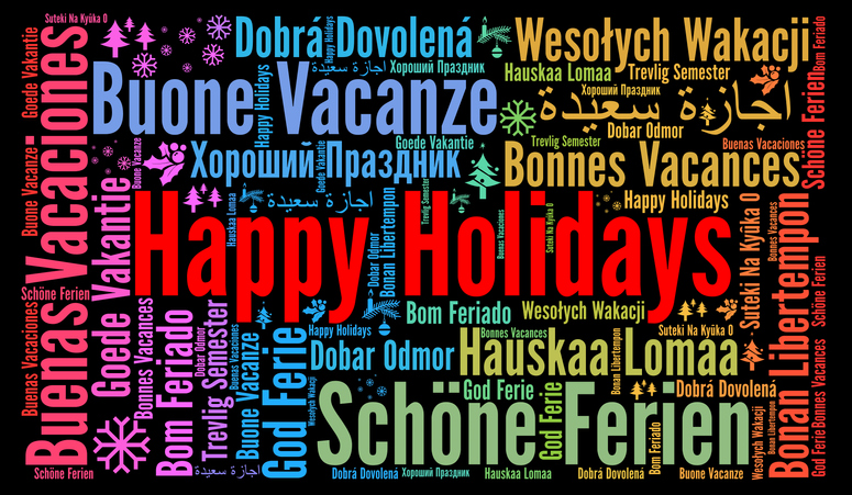 Shown is a colour illustration of a word cloud displaying happy holidays in different languages.
