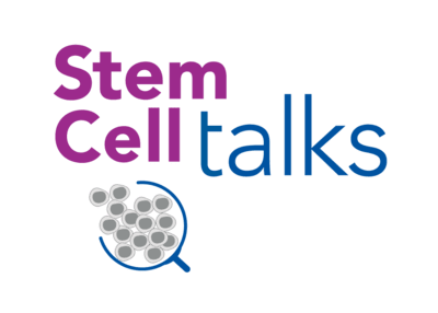 StemCellTalks logo in pink and blue with a magnifying glass and stem cells.