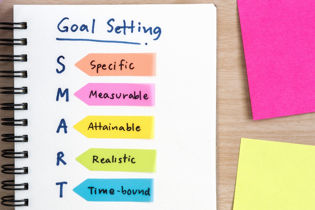 Shown is a colour photograph of SMART goals written in a notebook placed on a wooden table. 