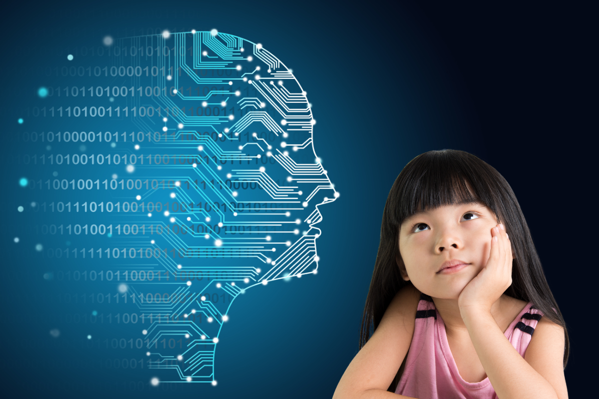 Child thinking next to face made of computer elements