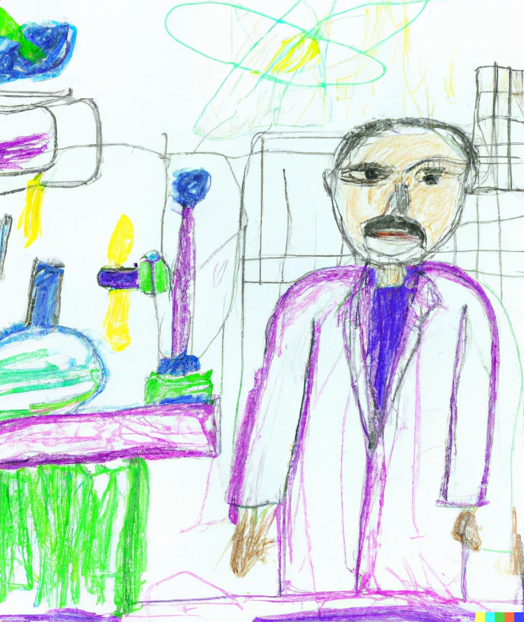 Child's drawing of a scientist in a lab.