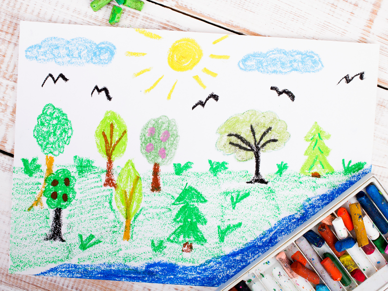 Crayon drawing of a forest landscape including trees, birds, a river, shrubs and the sky.
