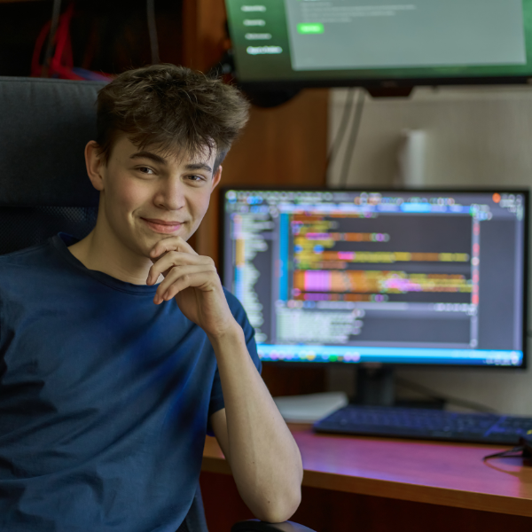Teenager in front of code on computer screen