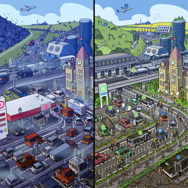 Shown are two colour, cartoon-style images of the same city street, side by side.