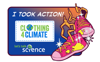 Clothing4Climate Let's Talk Science logo with a pair of pink sneakers with orange laces on the right.