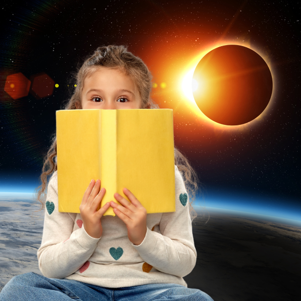 Child reading in front of solar eclipse