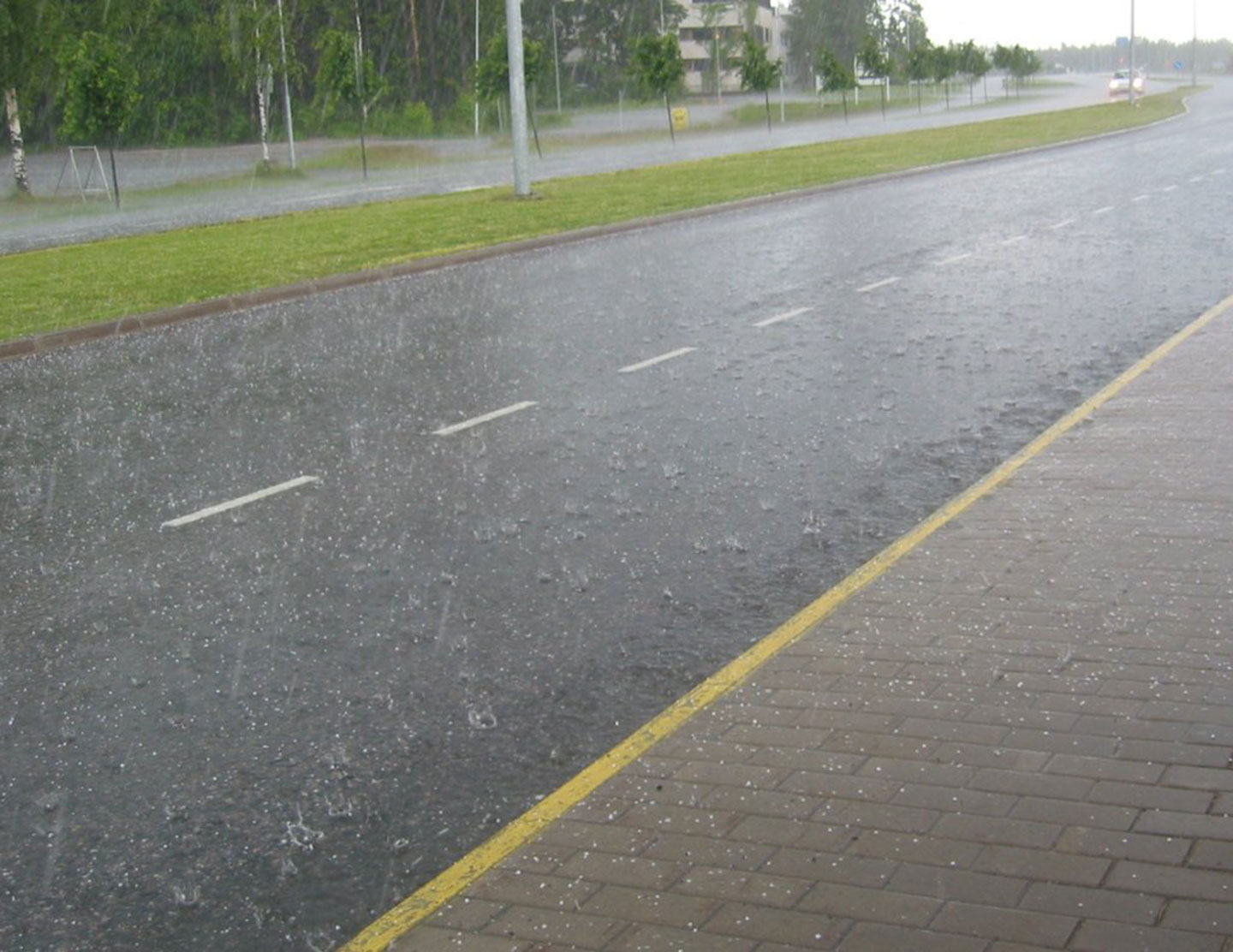Hail falling on a road