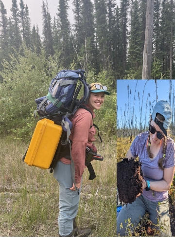Caitlyn Lyons setting out in forested area with backpack and data collecting tools. Insert photo shows Caitlyn examining a section of sod.
