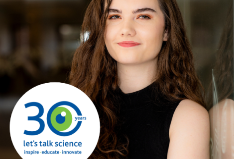Veronica Mills headshot with the Let's Talk Science 30th logo in the bottom left hand corner