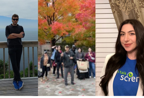 From left to right: Colin O'Dwyer leans on a railing in front of a vista; the Indigenous Mentorship team poses in Ottawa under autumn trees; Alex Leone smiles at the camera, wearing her blue Let's Talk Science t-shirt and a lab coat