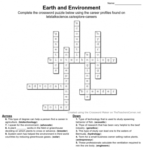 Earth & Environment student crossword exemplar