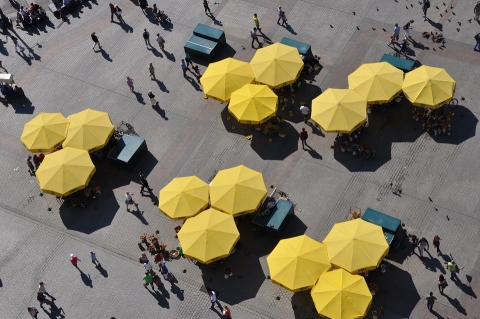 Bird’s eye view of tables with umbrellas
