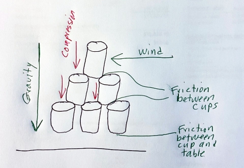 Student drawing of forces acting on a stack of cups