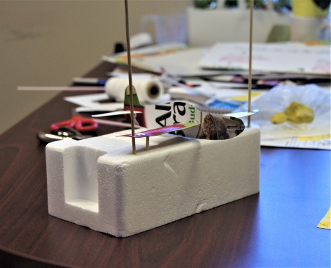 Wing testing rig, with aircraft, bamboo skewers, and styrofoam block