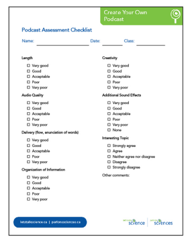 Podcast assessment form reproducible