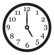 Five o'clock shown on an analogue clock