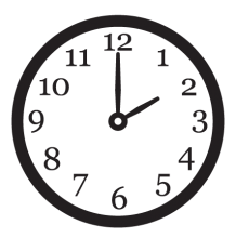 Two o'clock shown on an analogue clock